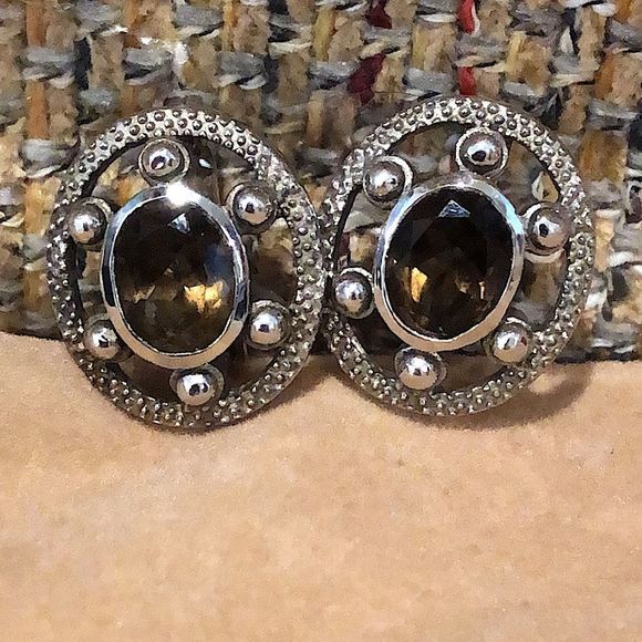 Artisan Jewelry - Smokey Topaz Sterling Silver Faceted Filigree Accent Oval Earrings